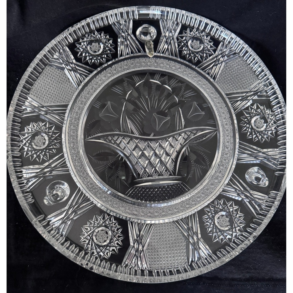 American Brilliant  Cut Crystal Footed Cake Stand Flower Basket Intaglio Platter